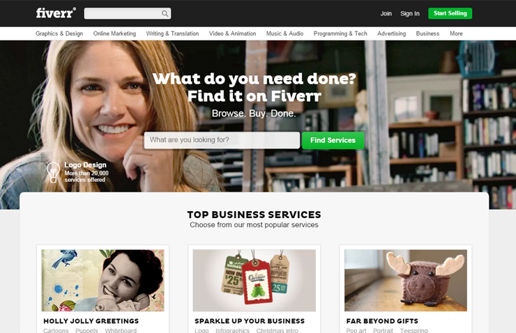 Fiverr homepage screenshot - outsourcing options for photographers