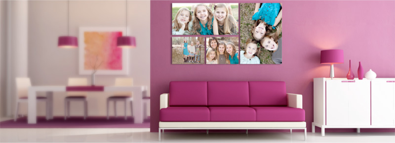 Purple couch in the living room with canvases