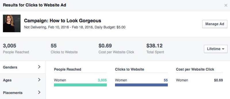 Facebook ad results screen