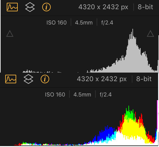 grayscale and RGB histogram of an Overexposed Photo