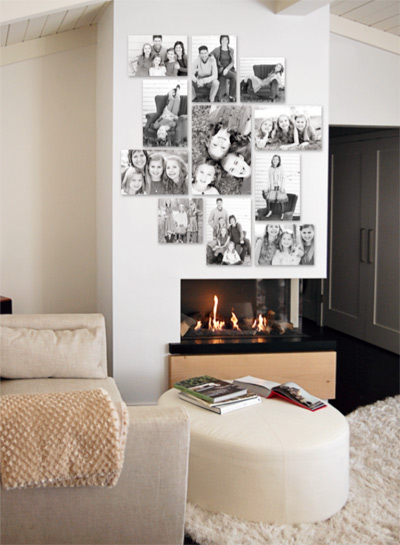 Display of 8 photo prints above a fireplace