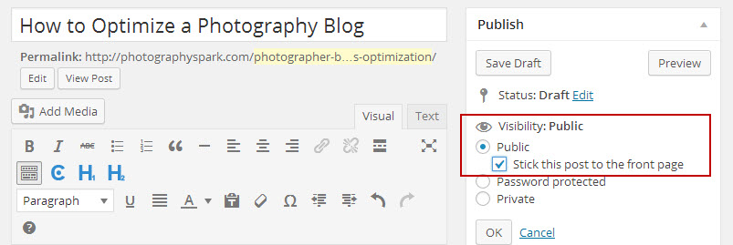 How to make a post stick to the front in wordpress